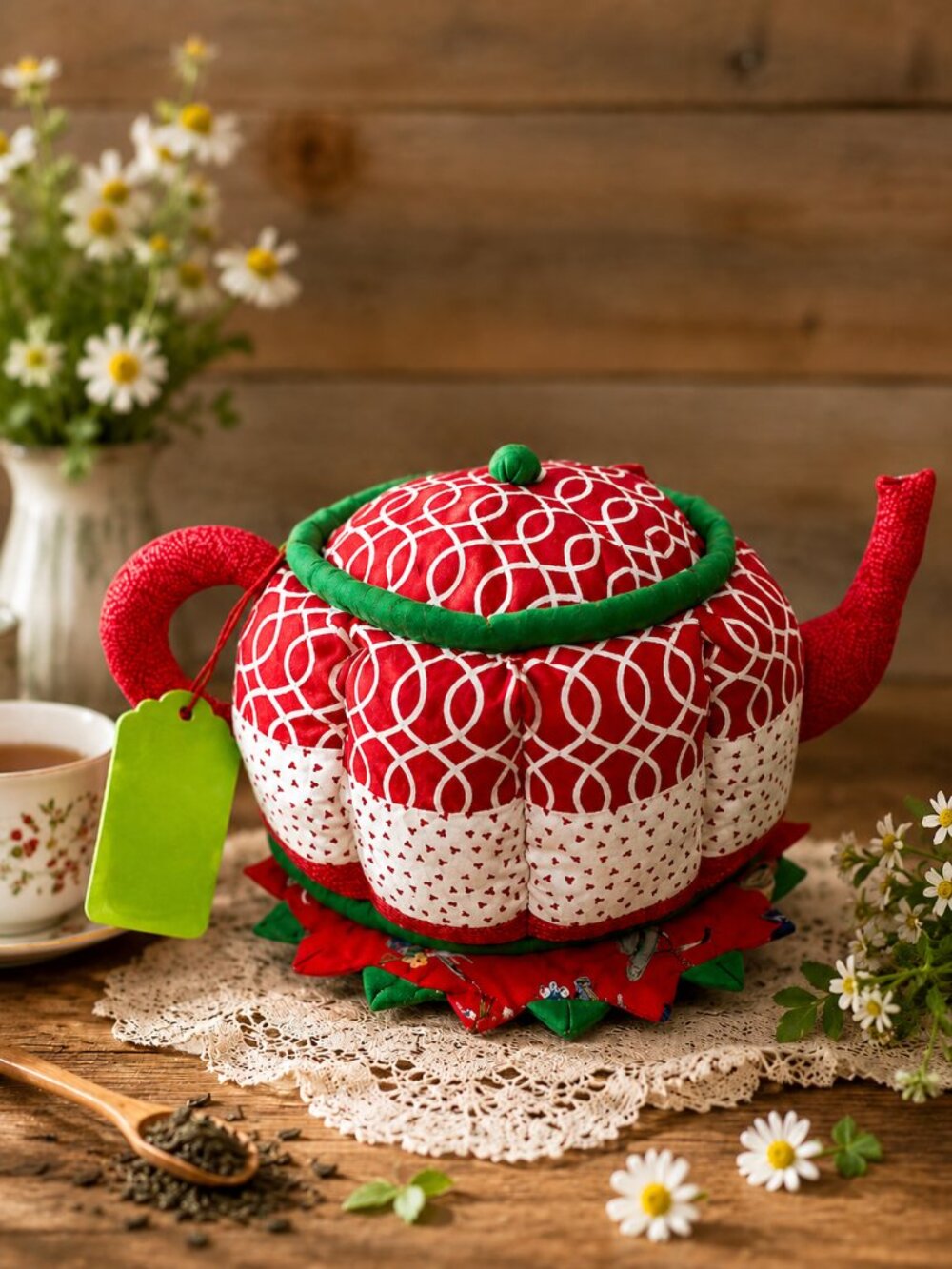 Handmade Whimsy Retro Quilted Teapot Cozy Red Green Floral Holiday